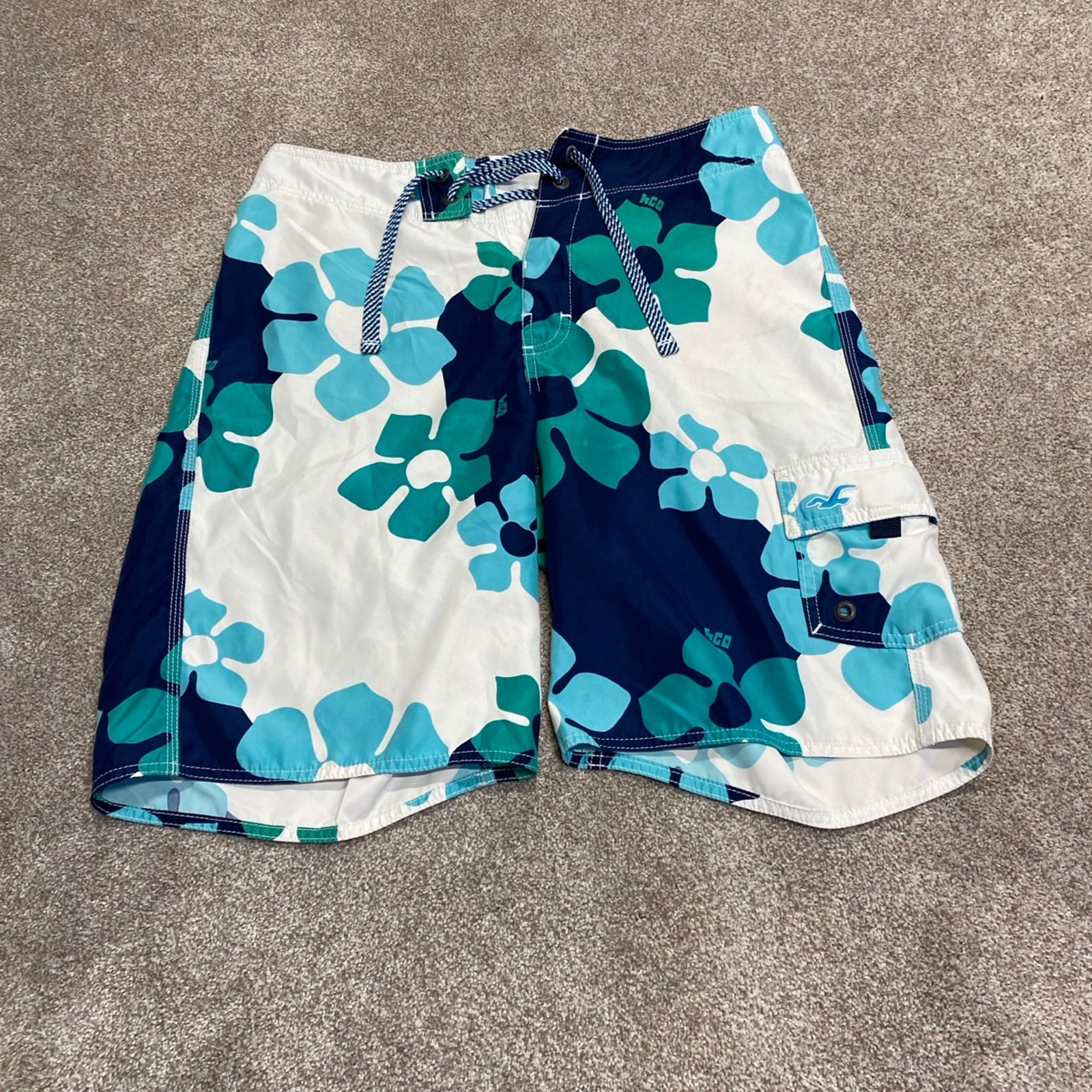 Y2k 00s Hollister Hibiscus Surf Cargo Board Shorts 30 Hawaiian Beachwear Summer